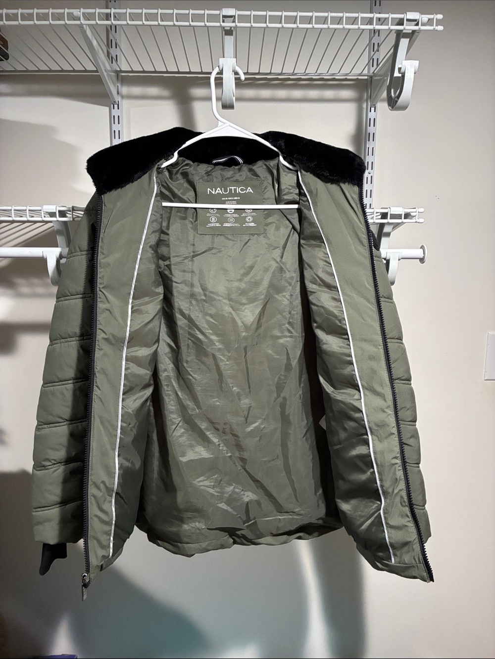 Nautica Olive Green Quilted Puffer Jacket with Black Faux Fur Hood Trim - Picture 3 of 4